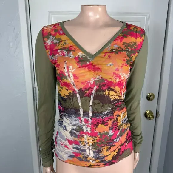 Vintage y2K DKNY Women's Shirt Small Long sleeve Floral Printed V neck Sheer QQ2 - Picture 1 of 5